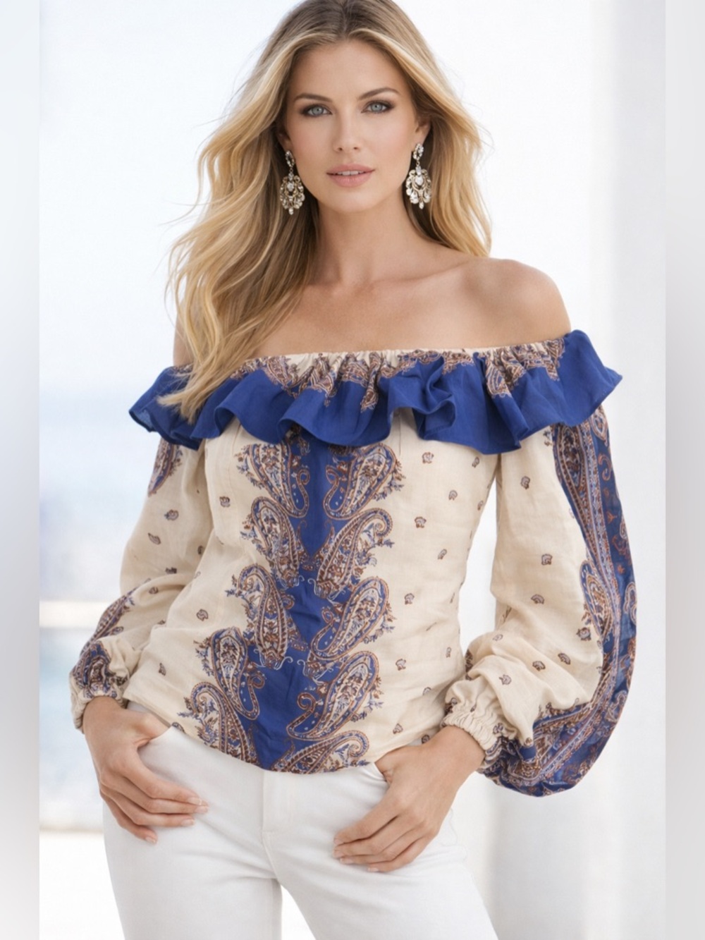 Boston Proper Linen Blend Paisley Off Shoulder Ruffle Blouse Blue Size 16 Boho